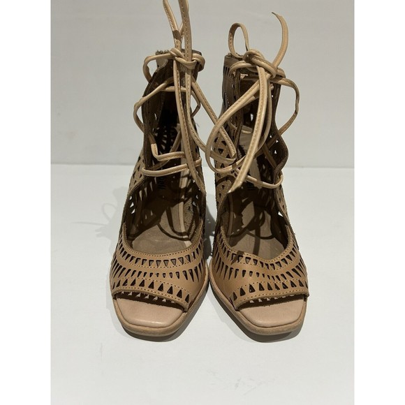 Jeffrey Campbell Rodillo Lazer Cut Beige Nubuck Wedge Lace Up Sandals Size 6 M - Picture 3 of 7